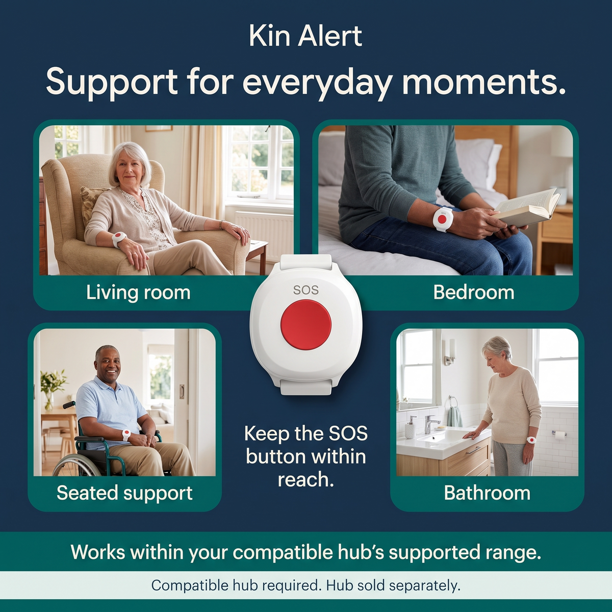 Keep the Kin Alert SOS button within reach around the home, within the compatible hub supported range