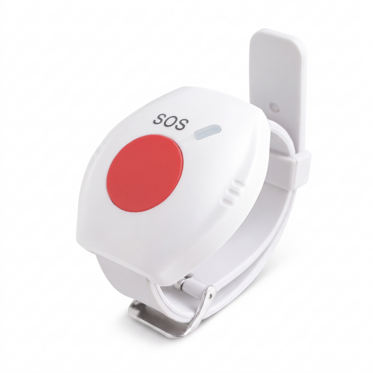 One Kin Alert SOS wrist button with white strap and red button