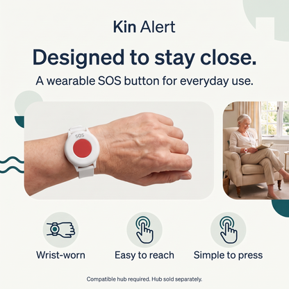 Kin Alert wrist-worn SOS button, easy to reach and simple to press; compatible hub sold separately